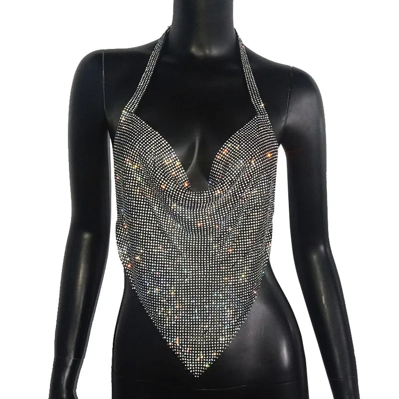 Rhinestone Backless Camisole Crop Top - Deep V-Neck Glitter Tank
