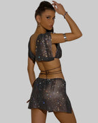 Rhinestone Crop Top & Skirt Set - Backless Festival Two-Piece