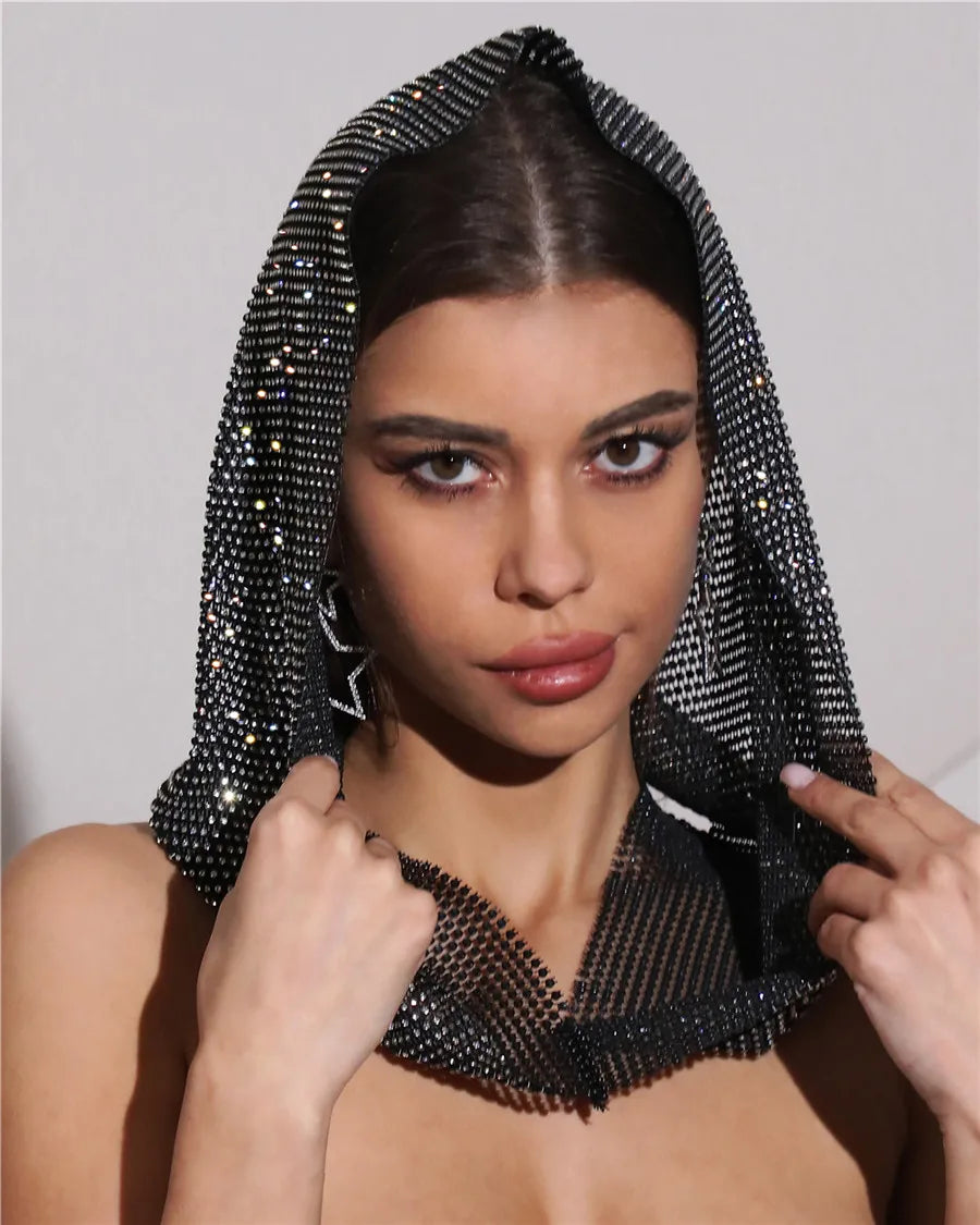 Rhinestone Mesh Hood - Sheer Fishnet Performance Headpiece