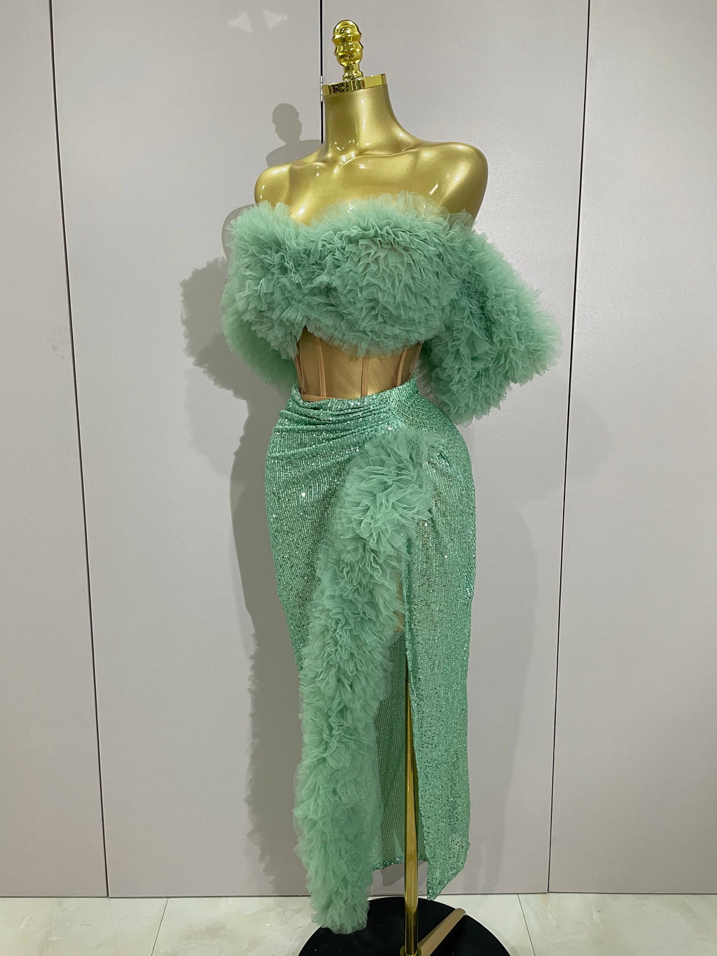 Feather Trim Two-Piece Set | Off-Shoulder Top & Slit Skirt | Stage