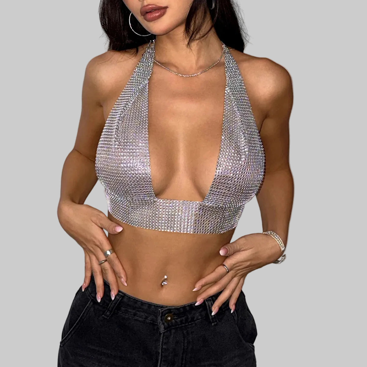 Metal Sequin Bandage Halter Crop Top - Deep V Backless Camisole
