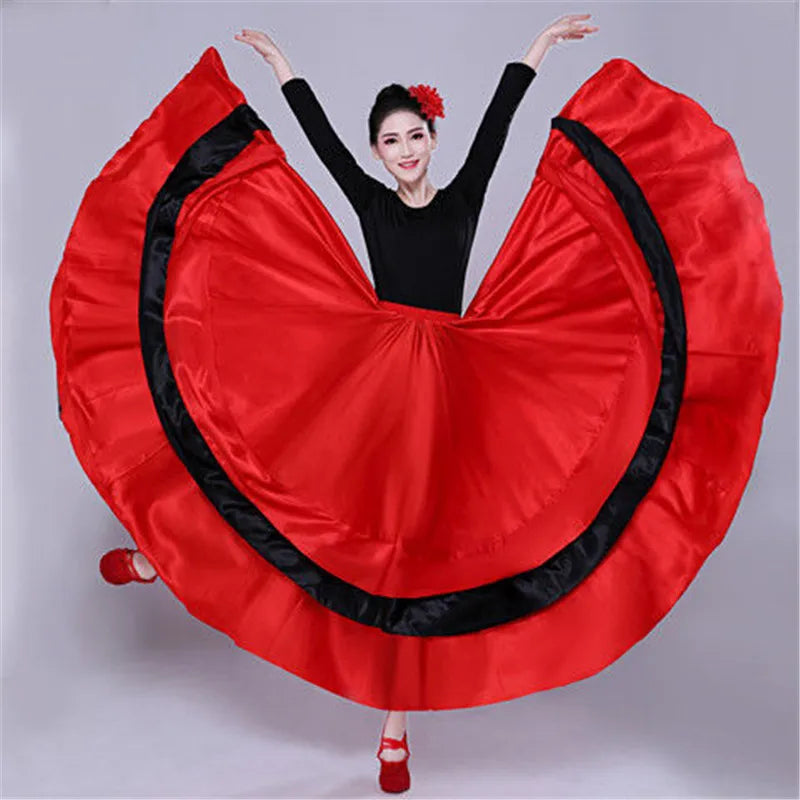 Satin Flamenco Skirt | Gold-Trim Ruffle | 360–720° Swing