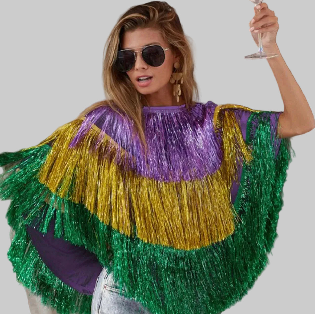 Dazzling Mardi Gras Sequin Fringe Poncho Top & Skirt Set - Stage & Festival Wear