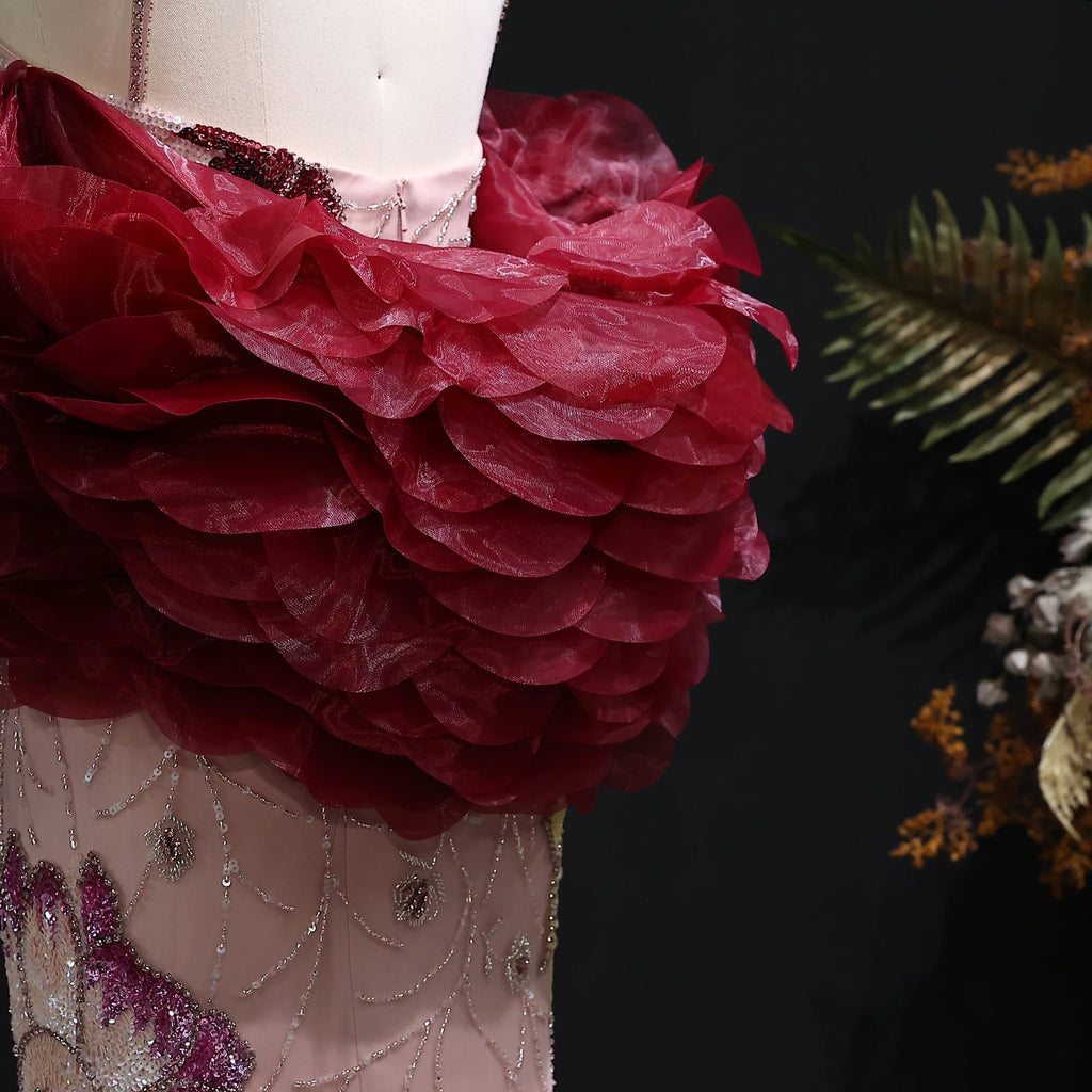 Pink Floral Beaded Mermaid Pageant Gown | Burgundy Cape