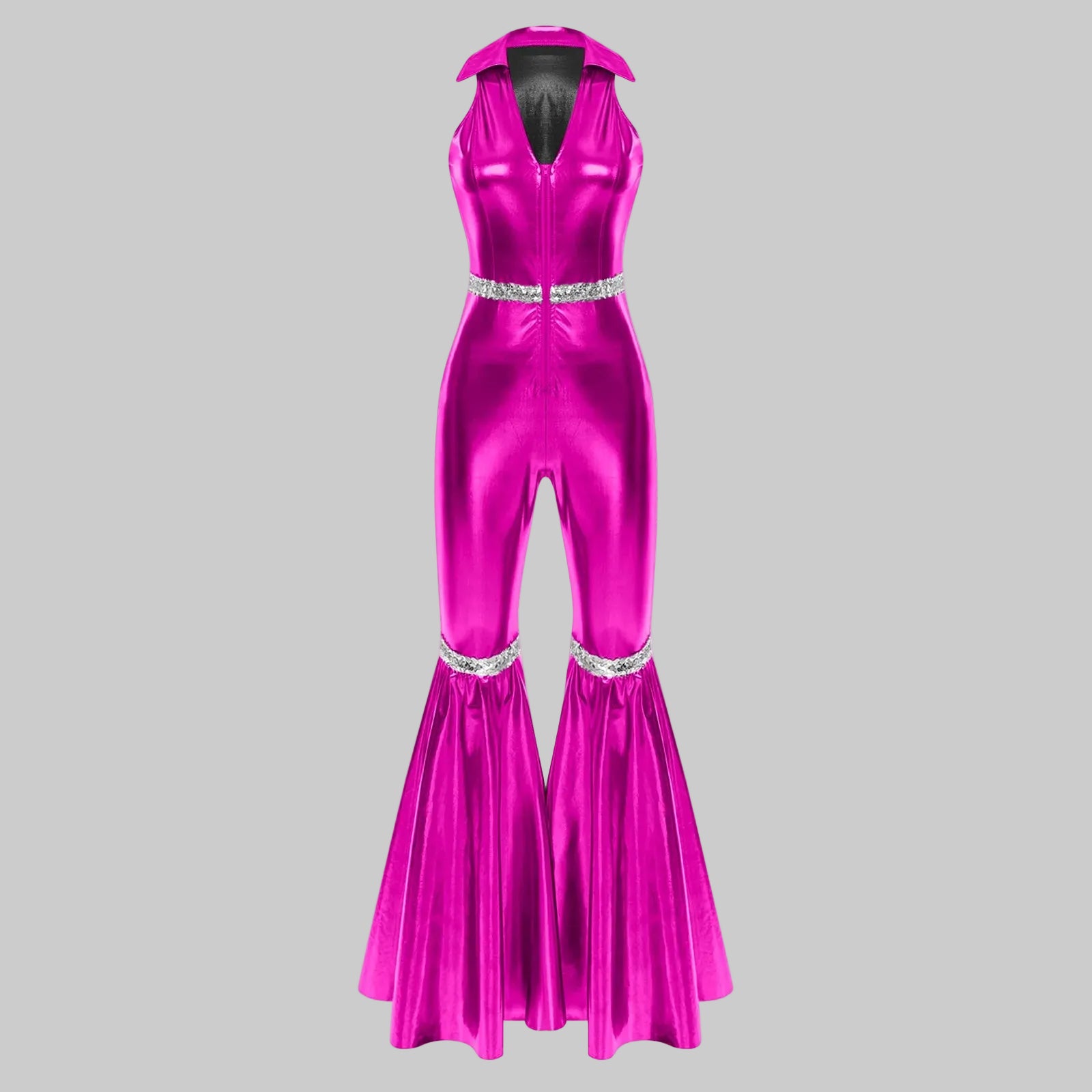70s Disco Sequin Jumpsuit - Retro Bell Bottom Performance Romper