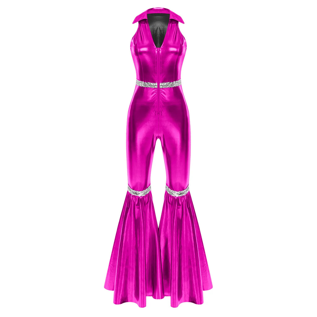 Women's Sequin Jumpsuit | Sleeveless V-Neck | 70s Disco
