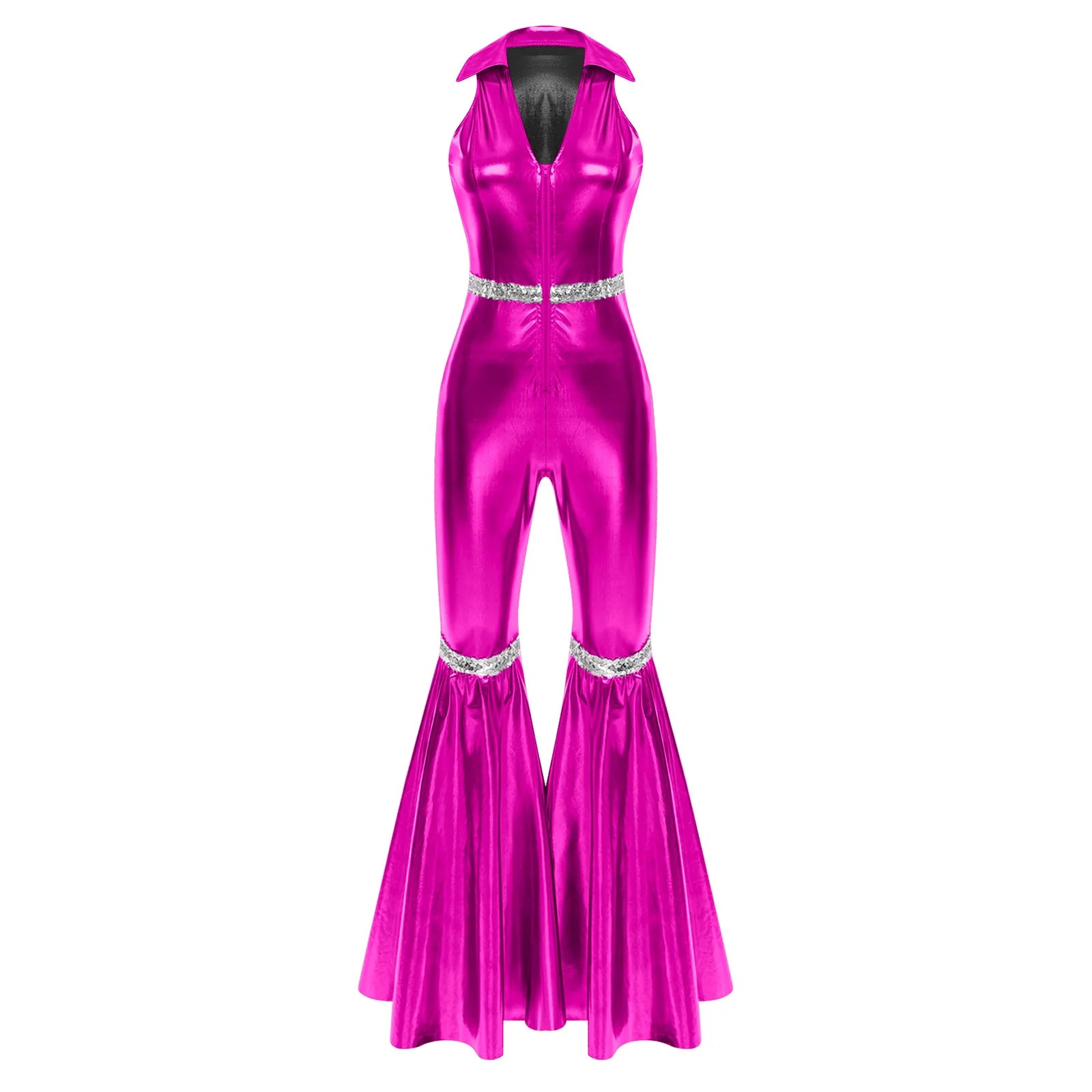Women's Sequin Jumpsuit | Sleeveless V-Neck | 70s Disco