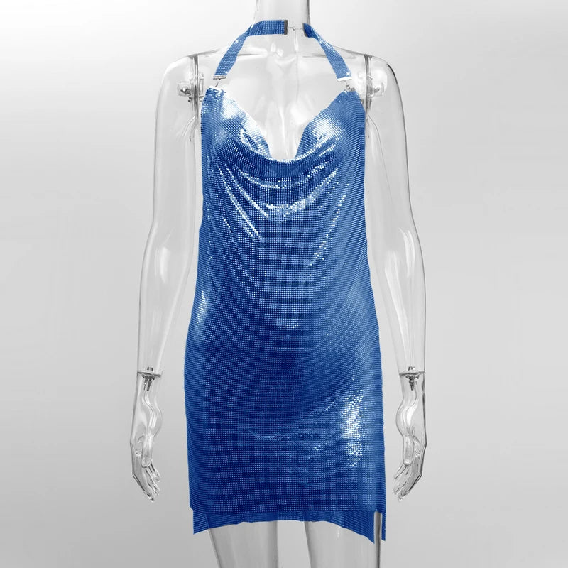 Sequin Halter Mini Dress - Backless with Side Split
