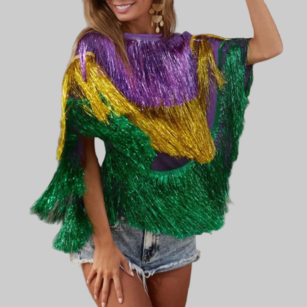 Dazzling Mardi Gras Sequin Fringe Poncho Top & Skirt Set - Stage & Festival Wear