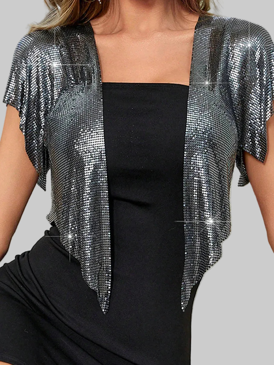 Metal Sequin Crop Cardigan - V-Neck Festival Performance Top