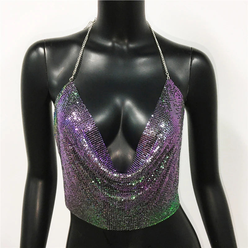 Metallic Sequin Crop Tank - Backless Performance Top