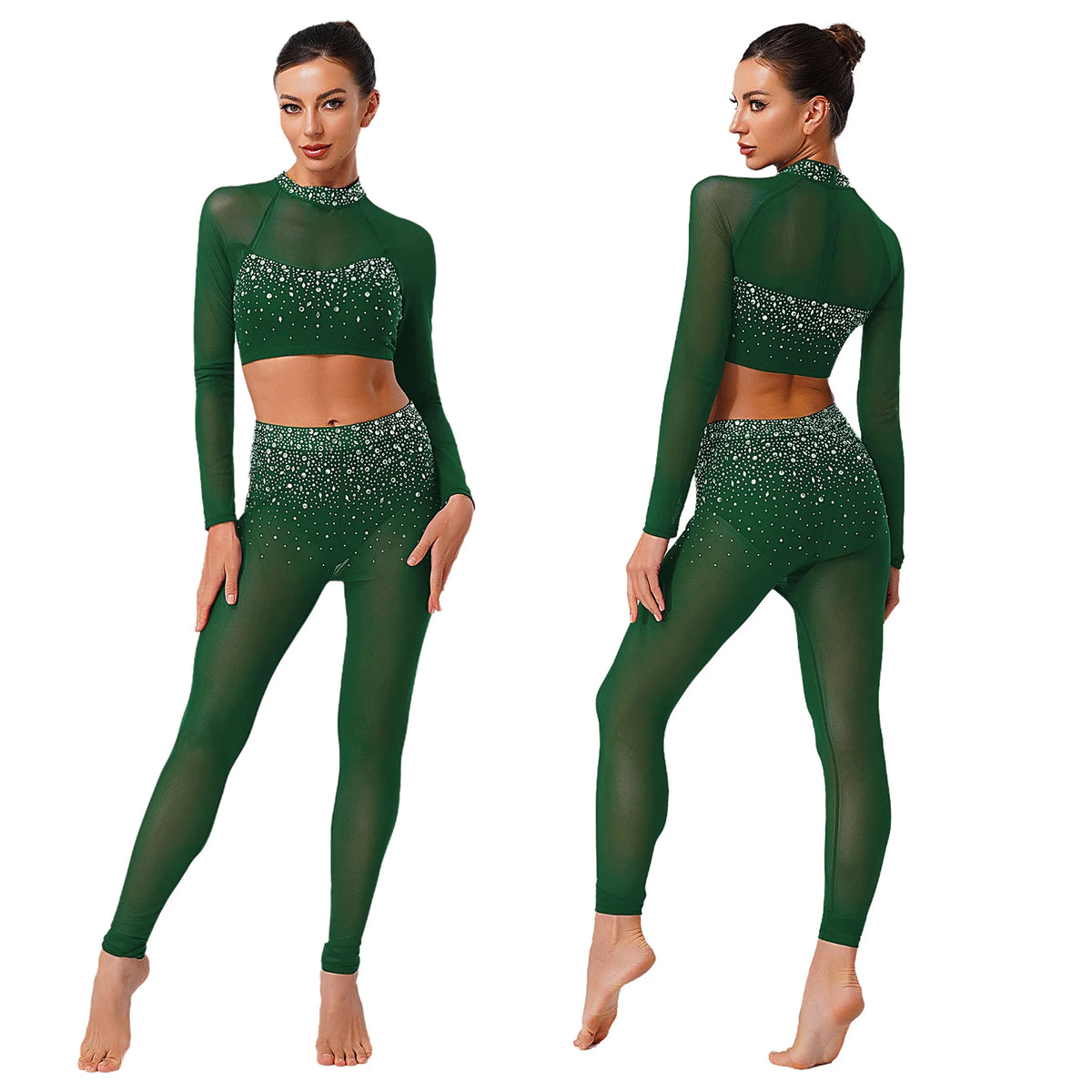 Dance Set | Rhinestone Crop Top & Leggings | Long Sleeve
