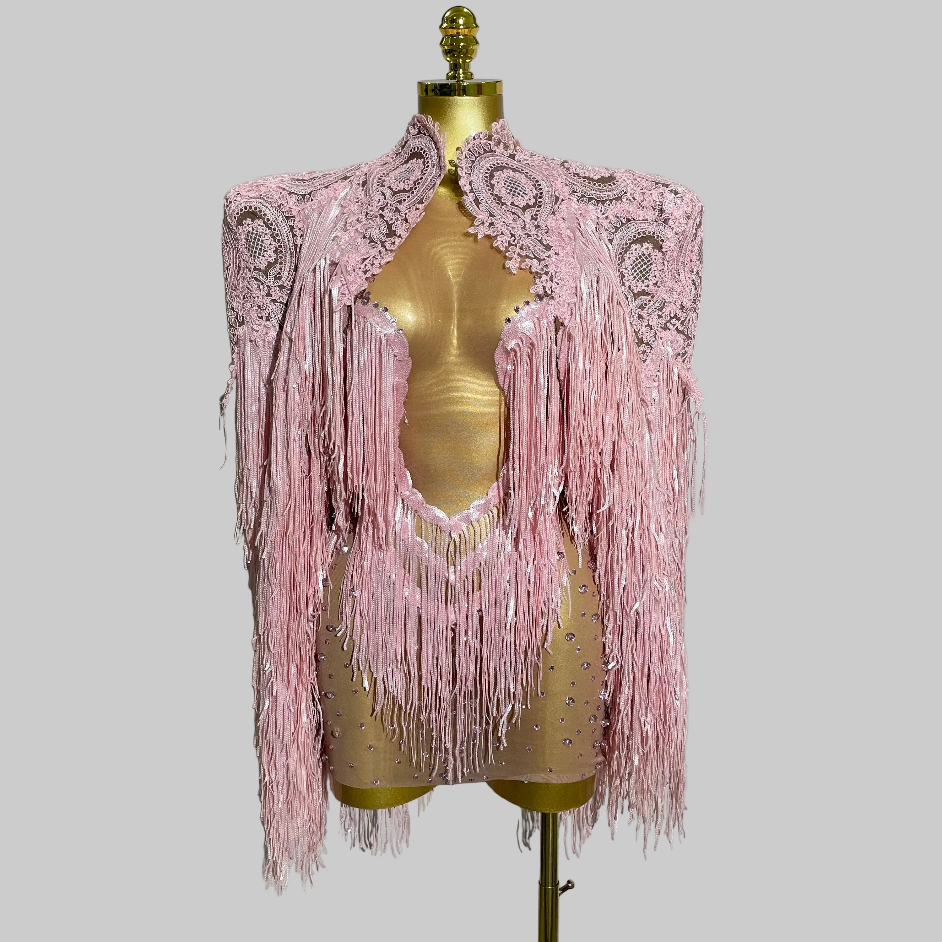 Sparkly Rhinestone Sequin Tassel Dress & Jacket — 2‑Piece Performance Set