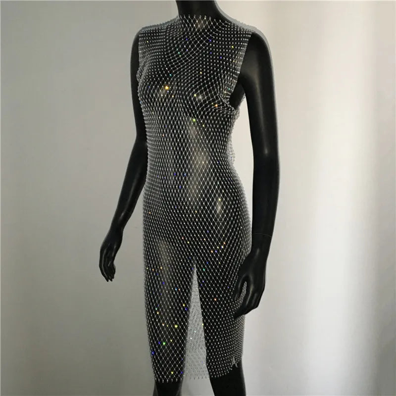 Rhinestone Fishnet Mini Dress - Sheer Cover-Up Party Dress