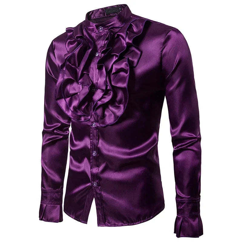 Men's Satin Ruffle Shirt | Frill Front | Stand Collar