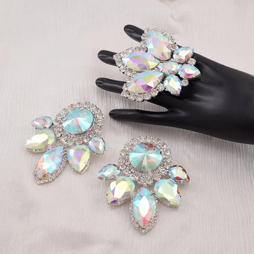 Rhinestone Earring & Ring Jewelry Set | Clip-On or Pin | 10 Colors