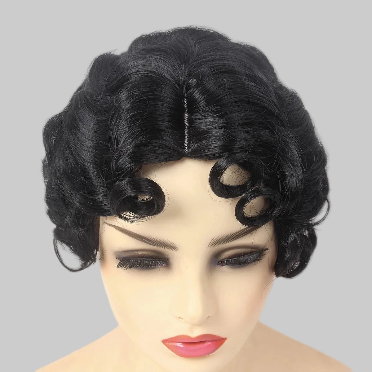 Elegant 1920s Finger Wave Wig - Short Curly Flapper Wig with Oblique Bangs (12 Inches)
