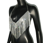 Rhinestone Tassel Halter Crop Top - Backless Sequin Party Top