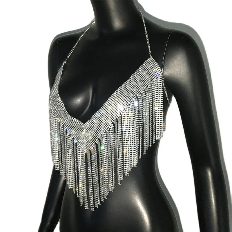 Rhinestone Tassel Halter Crop Top - Backless Sequin Party Top