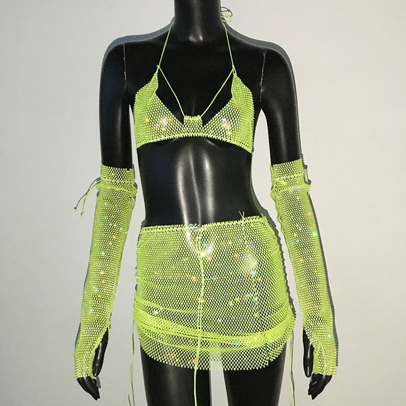 Rhinestone 3-Piece Festival Set - Sheer Crop Top, Mini Skirt & Sleeves