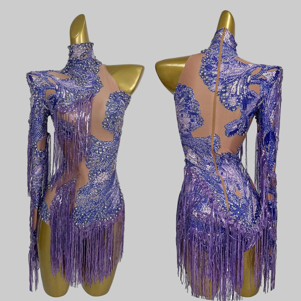 Purple Sequin Fringe Bodysuit - Sparkly Tassel Performance Leotard for Stage & Dance