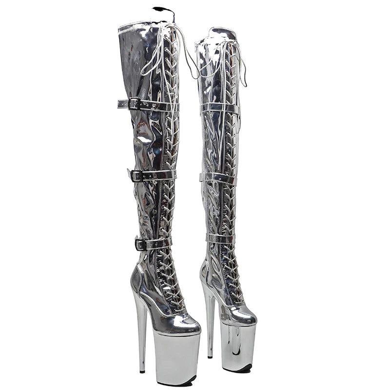 Silver Platform Pole Dance Boots – High Heel Lace-Up Stage Shoes