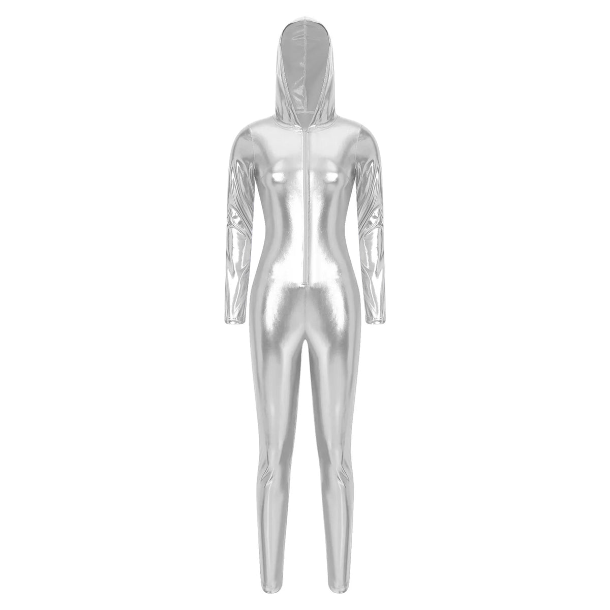Metallic Catsuit | Hooded Zip Front