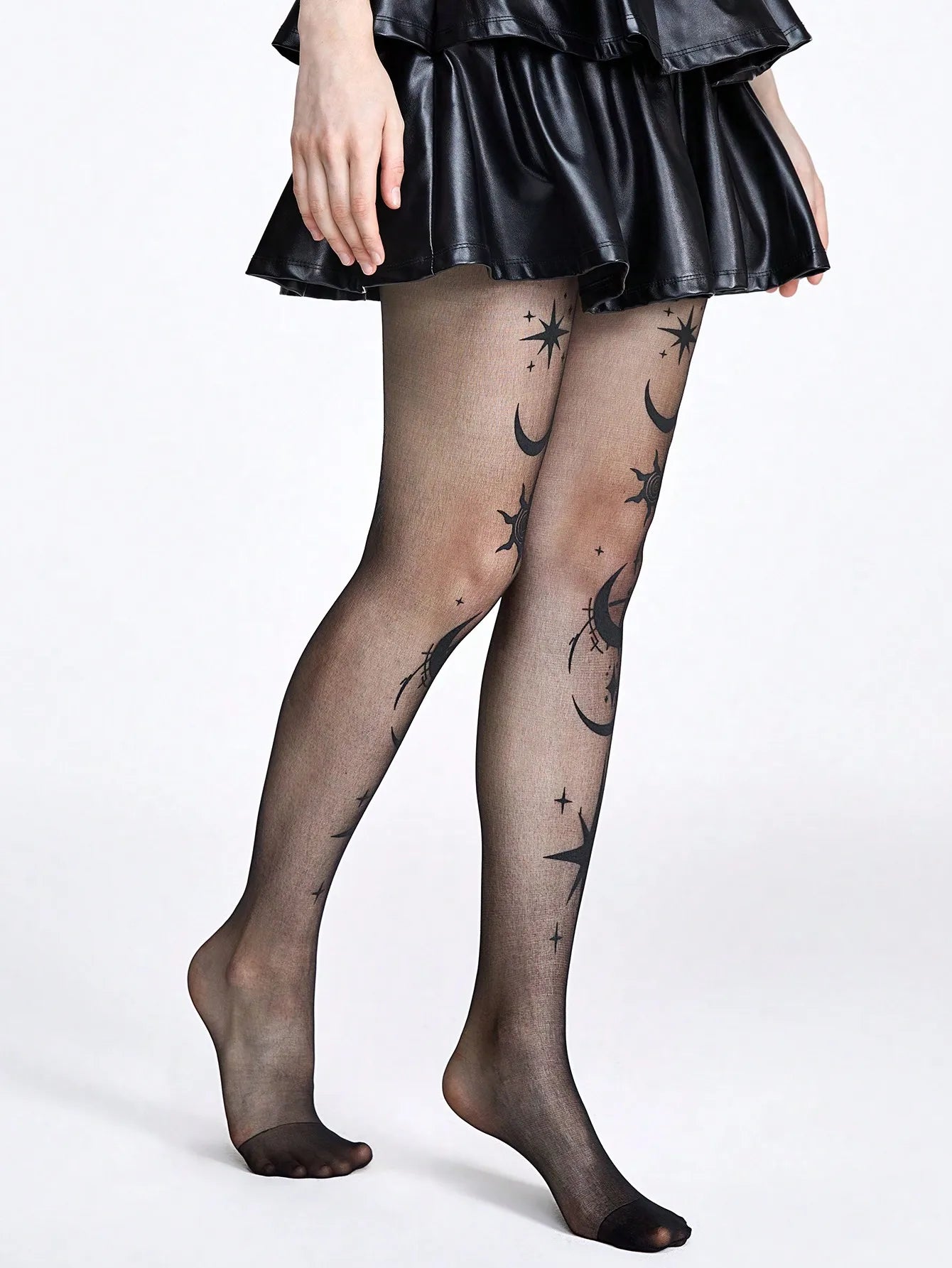 Star & Moon Print Tights | Sheer Patterned Pantyhose | Black & Nude