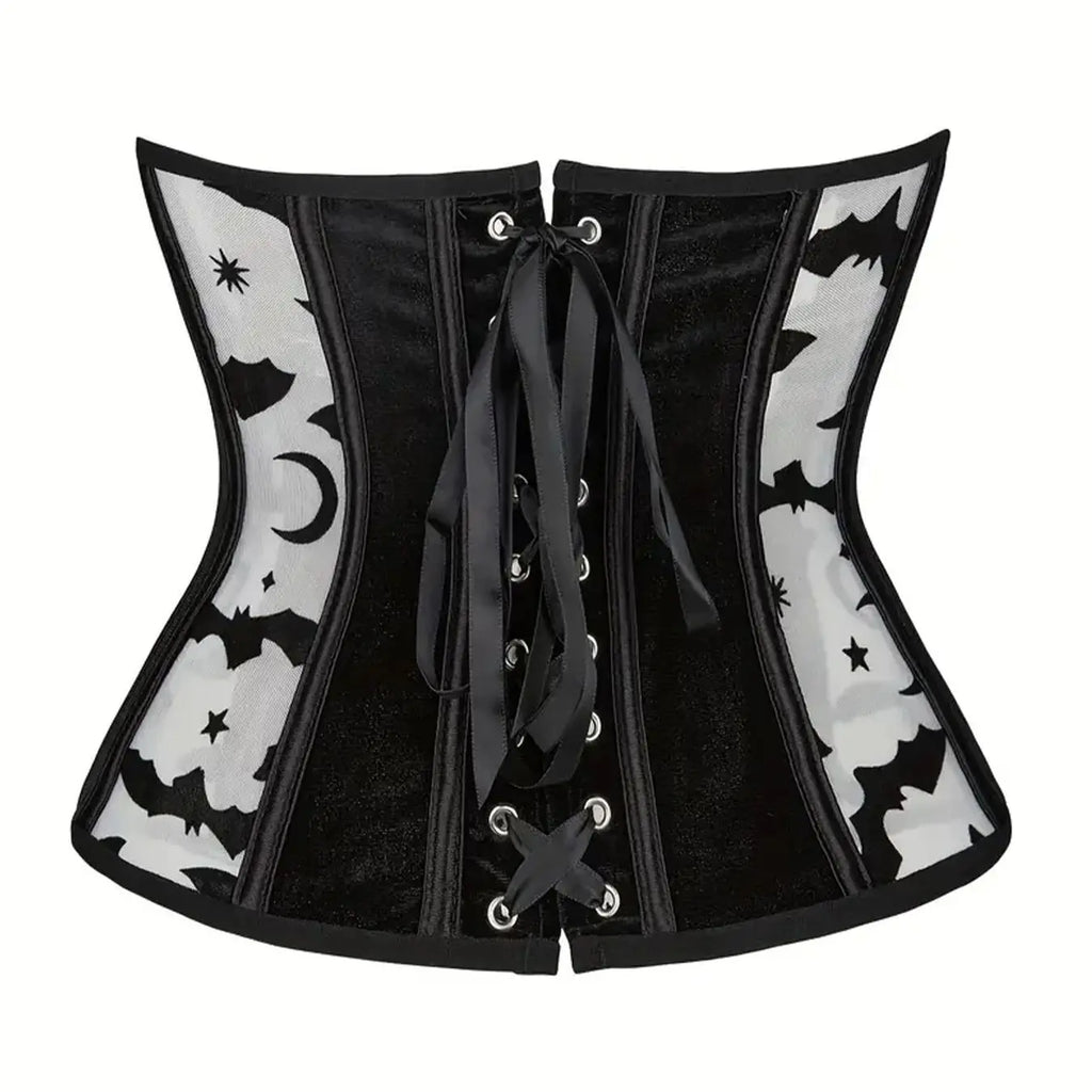 Gothic Bat Print Mesh Corset | Boned Waist Cincher | Black