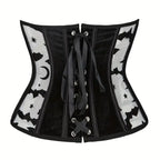 Gothic Bat Print Mesh Corset | Boned Waist Cincher | Black