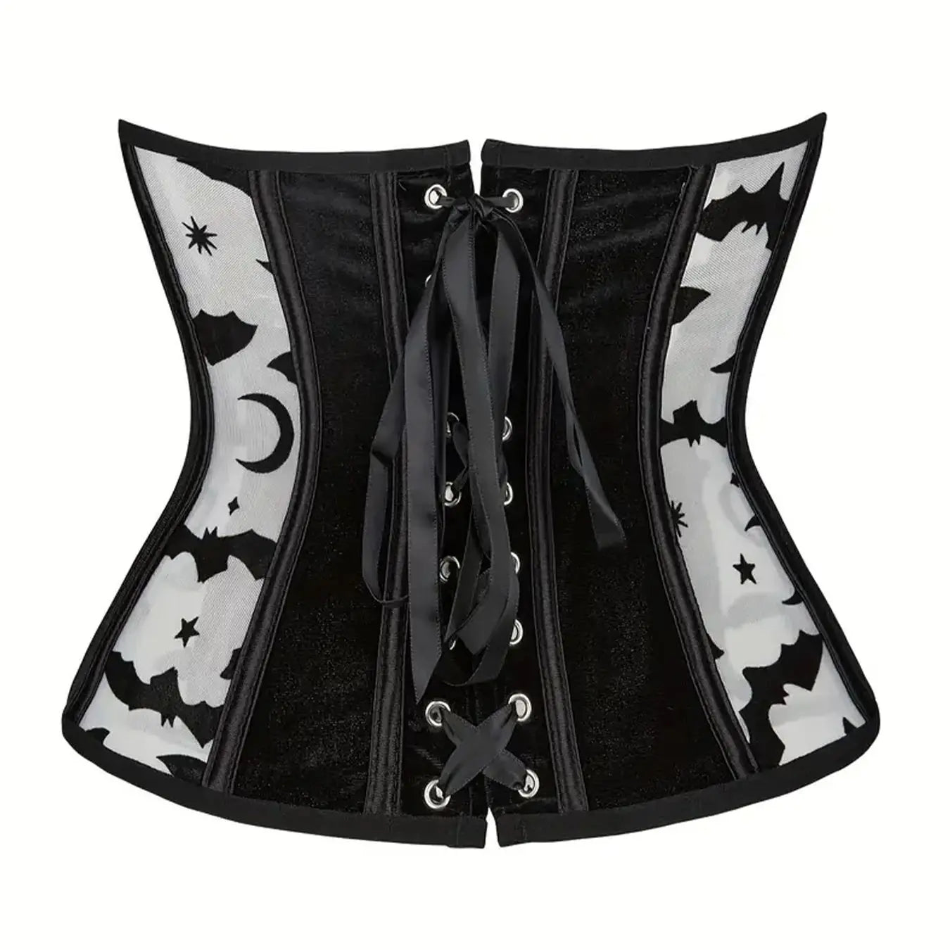 Gothic Bat Print Mesh Corset | Boned Waist Cincher | Black