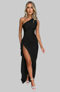 One Shoulder Satin Gown - High Slit Backless Dress