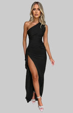 One Shoulder Satin Gown - High Slit Backless Dress