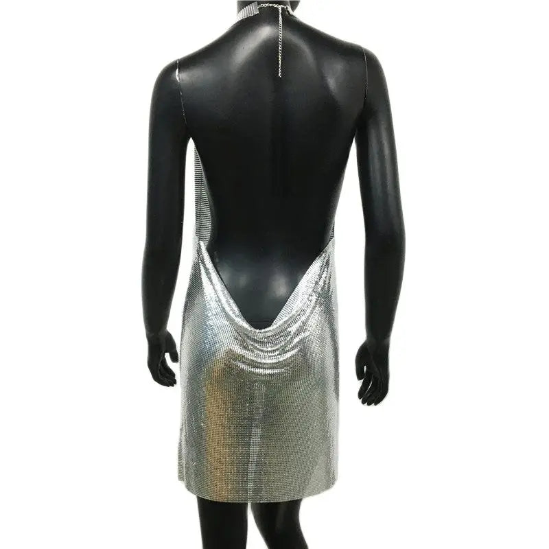 Metal Sequin Halter Mini Dress - Backless V-Neck Side Split Dress