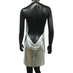 Metal Sequin Halter Mini Dress - Backless V-Neck Side Split Dress