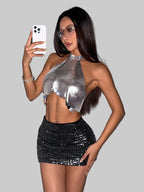 Sequin Halter Crop Top - Backless Festival Top