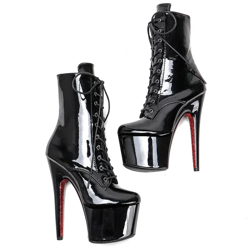 Patent Lace-Up Pole Dance Boots – 7-Inch High Heel Stage Shoes