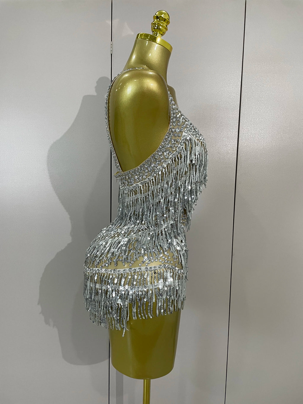 Luxury Rhinestone Sequin Tassel Bodysuit | Silver & Red | S–XL