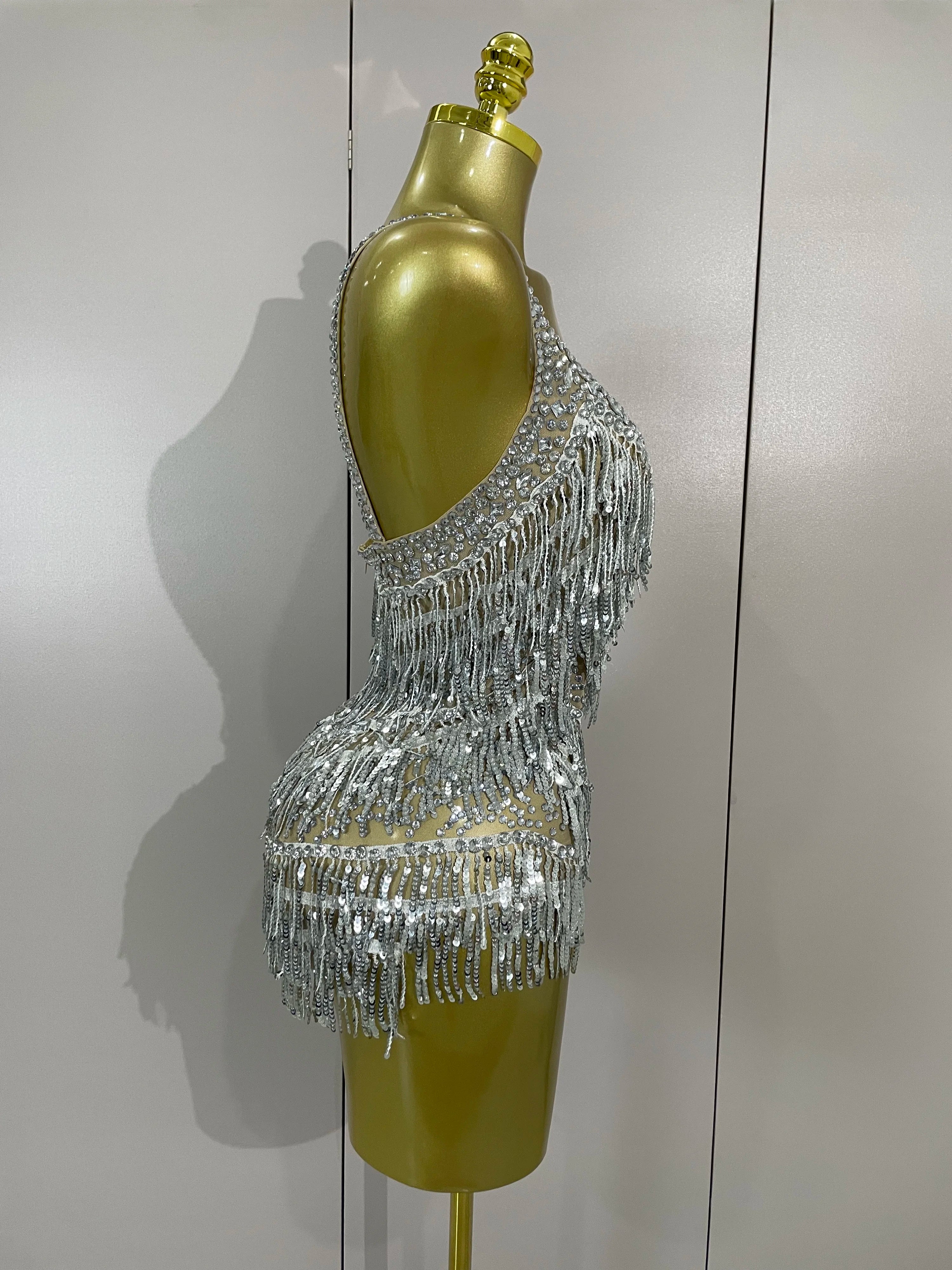 Luxury Rhinestone Sequin Tassel Bodysuit | Silver & Red | S–XL