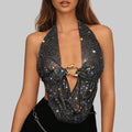 Rhinestone Mesh Crop Top - Backless Bandage Halter with Deep V-Neck