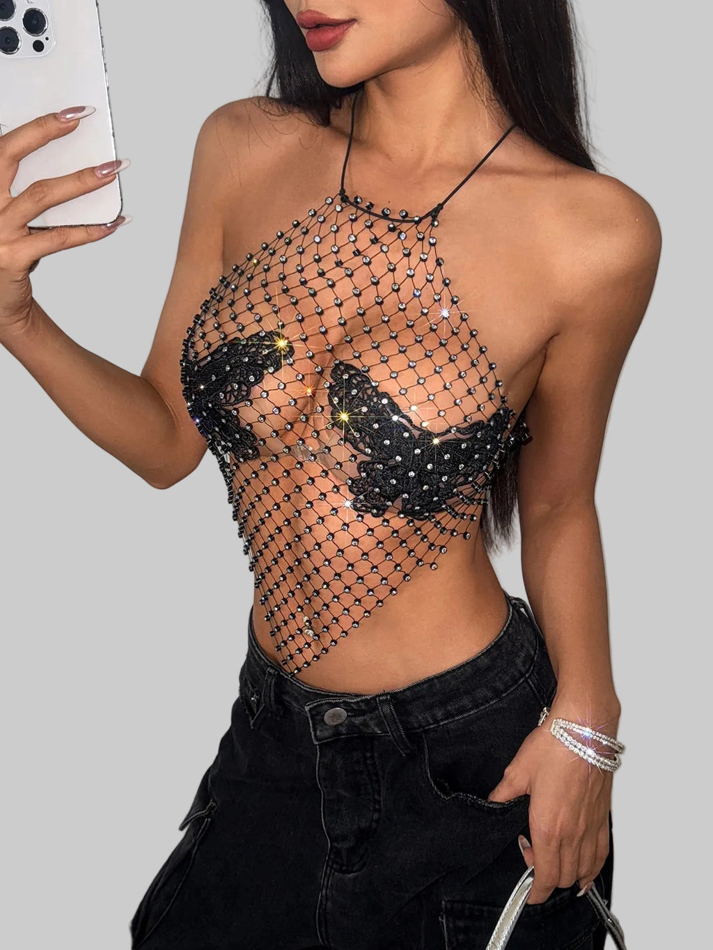 Rhinestone Butterfly Fishnet Crop Top - Sheer Halter