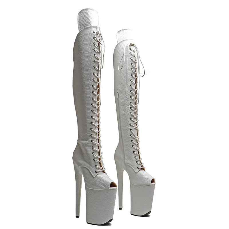 9-Inch Snake Print Thigh-High Boots - Open Toe Platform Dance Boots