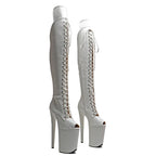 9-Inch Snake Print Thigh-High Boots - Open Toe Platform Dance Boots