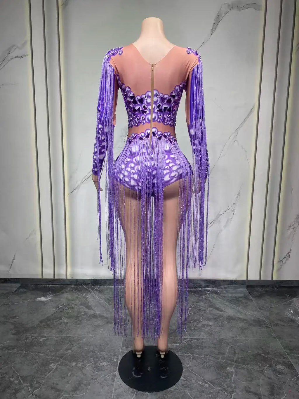 Rhinestone Fringe Bodysuit | 3D Floral | Purple & Red | S–XL