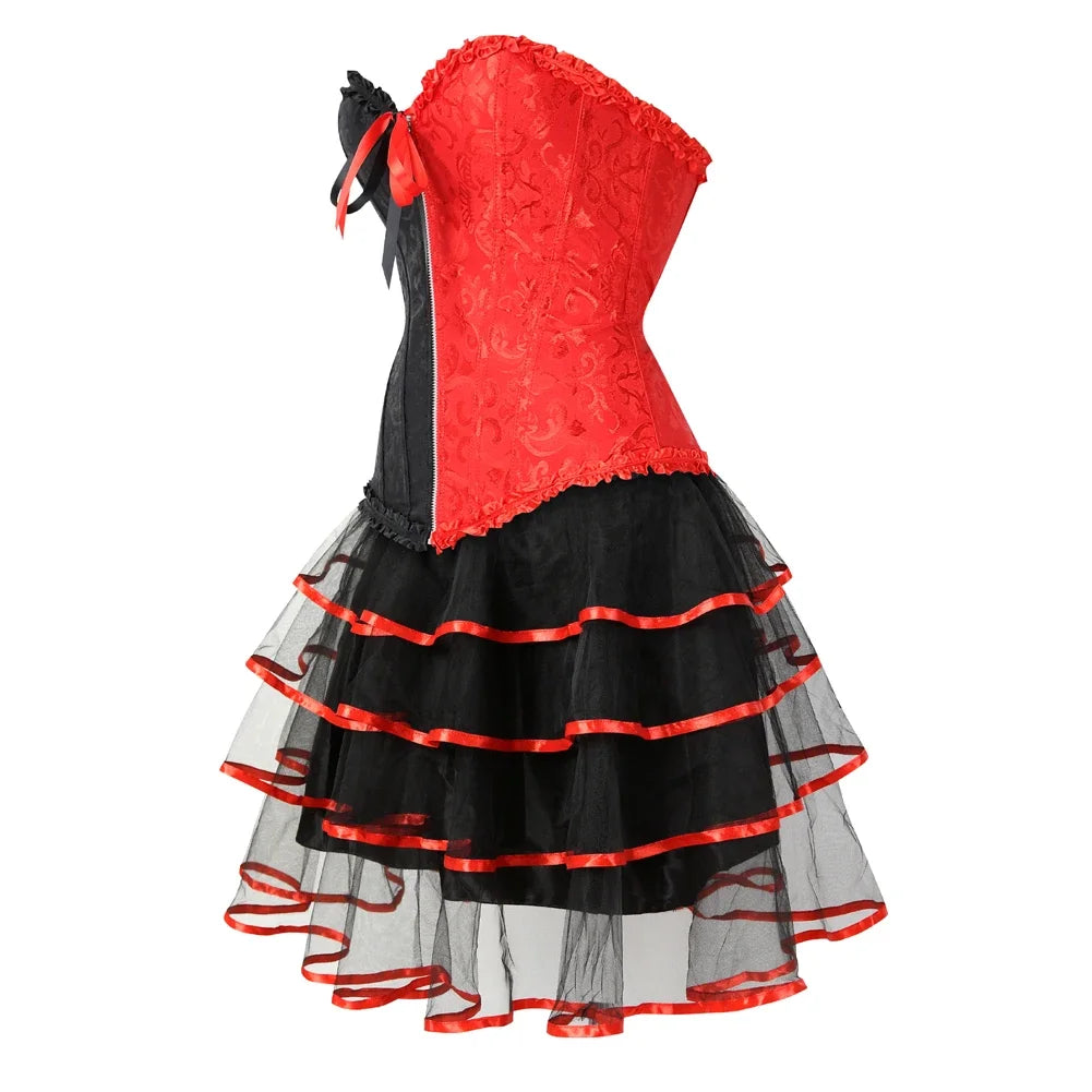 Red & Black Corset Skirt Set | Ruffles