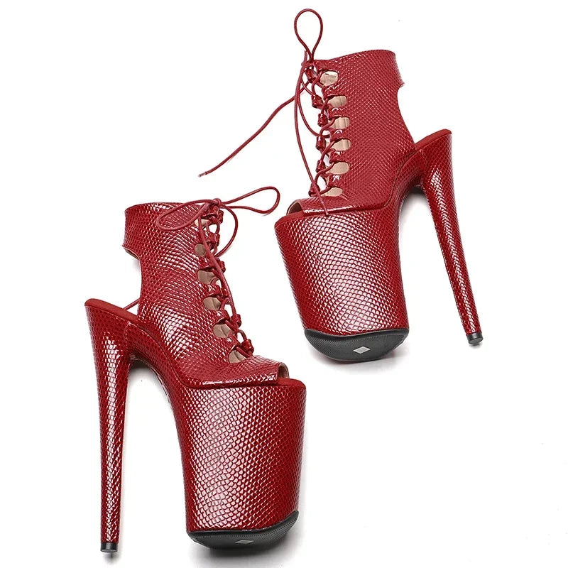 9-Inch Snake Print Ankle Boots - Open Toe Platform Dance Boots