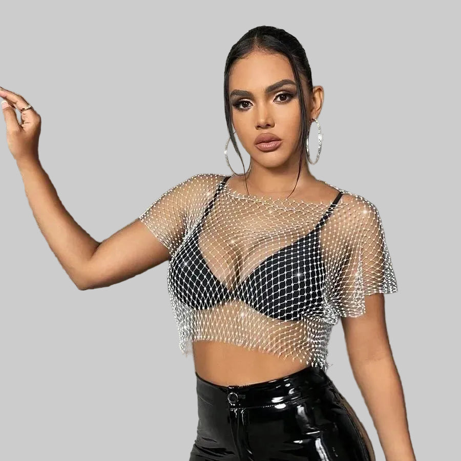 Rhinestone Fishnet Plaid T-Shirt - Sheer Bikini Cover-Up