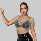 Rhinestone Fishnet Plaid T-Shirt - Sheer Bikini Cover-Up