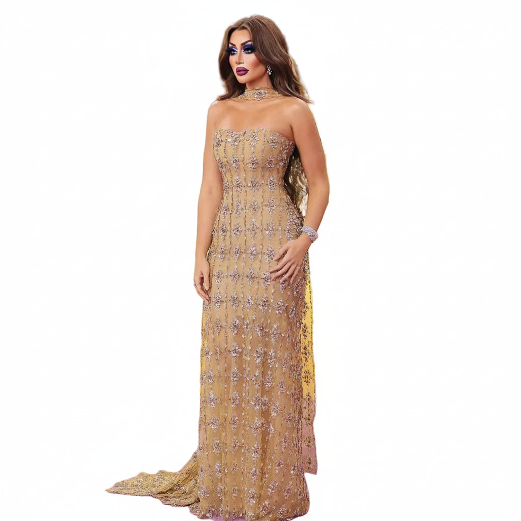 Crystal Beaded Mermaid Gown | Strapless | Scarf Overlay