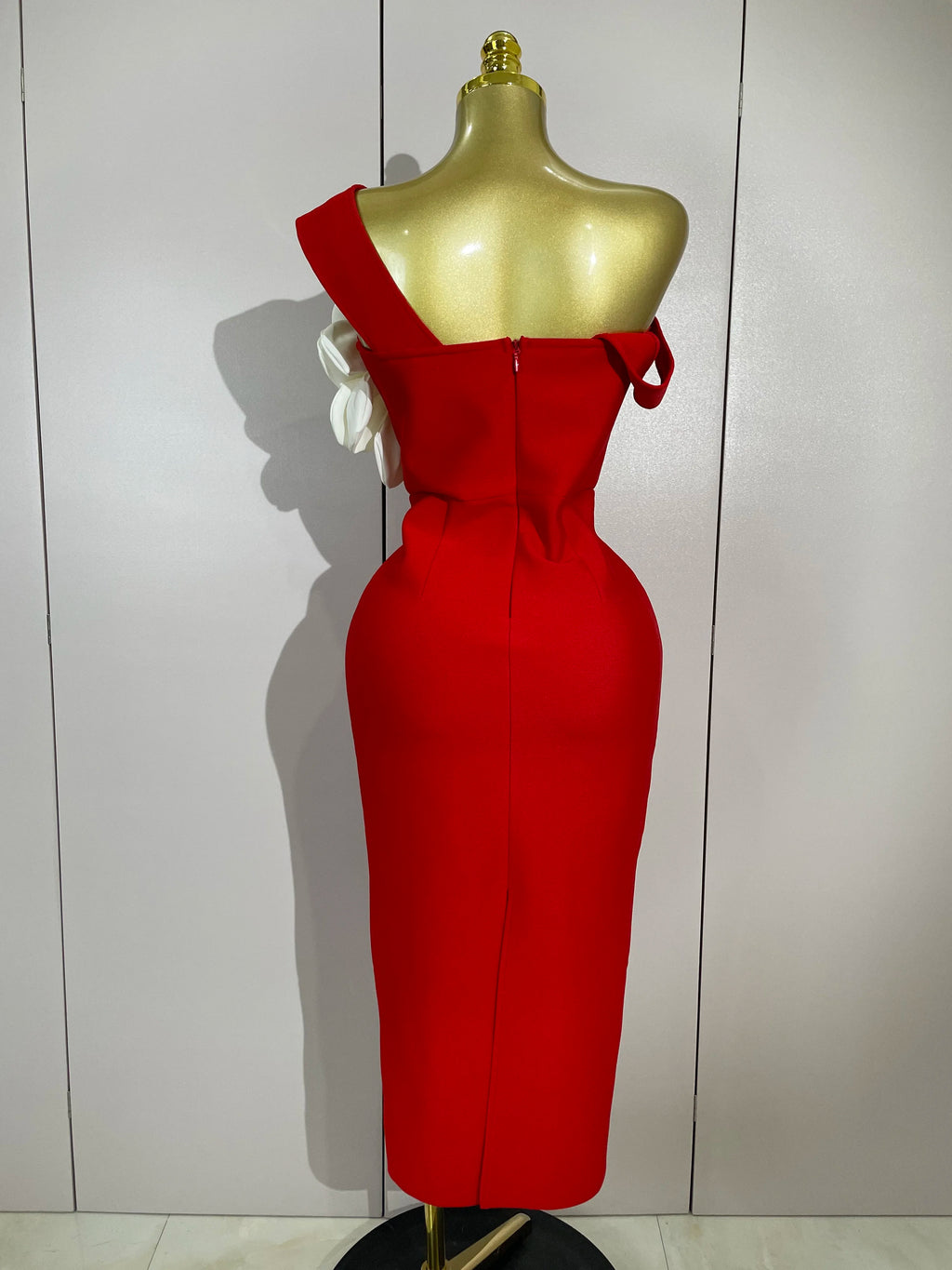 Off-Shoulder Bandage Midi Dress | 3D Rose Appliqué | Red & Black